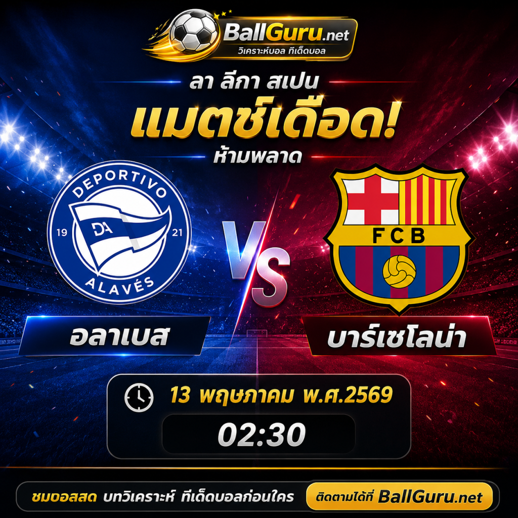 อลาเบส ปะทะ บาร์เซโลน่า ศึกหนักลาลีกา คืนวันพุธ 13 พฤษภาคม 2569 เวลา 02:30 น.