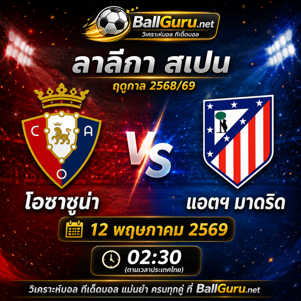 ทีเด็ดบอลวันนี้ โอซาซูน่า ดวลเดือด แอตฯ มาดริด คืนวันที่ 12 พฤษภาคม 2569