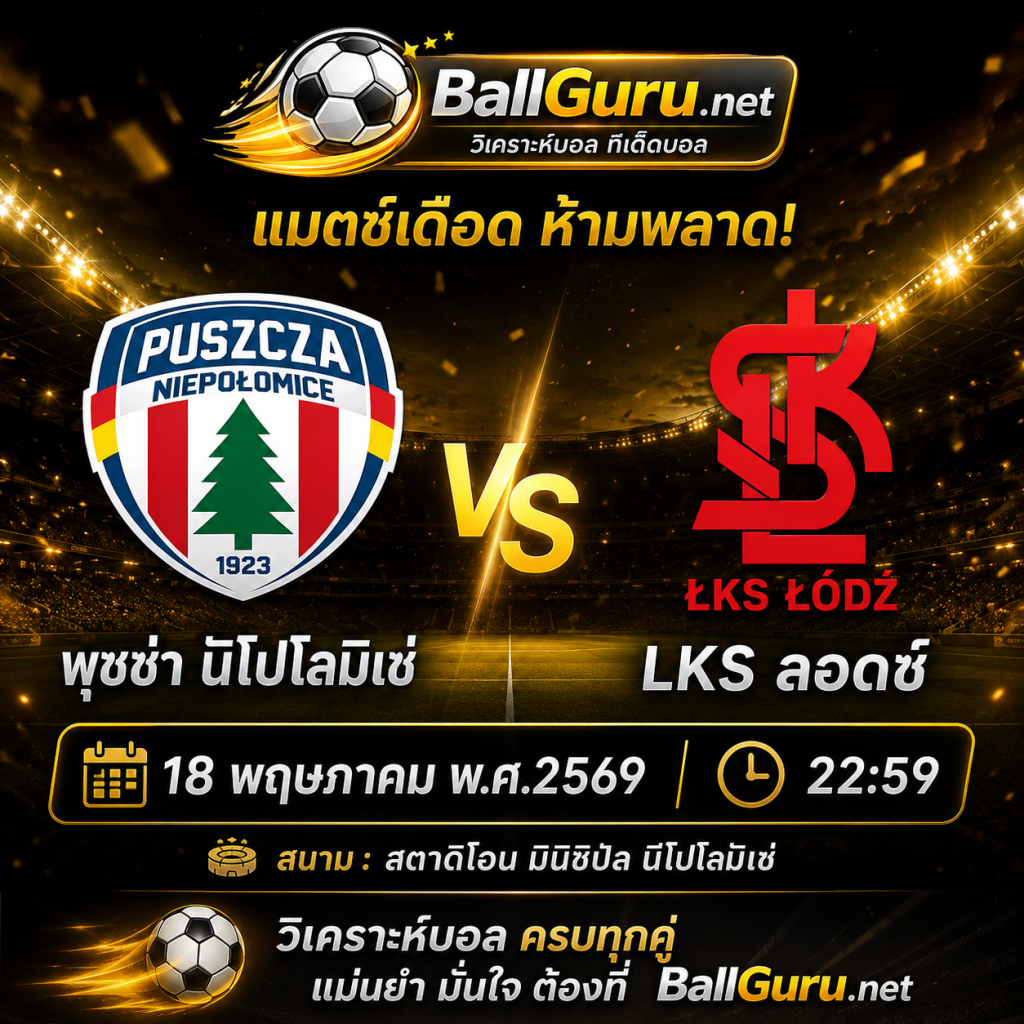 พุชช่า นิโปโลมิเช่ ปะทะ LKS ลอดซ์ วิเคราะห์บอลวันนี้ ลีกโปแลนด์ 18 พฤษภาคม 2569 ทีเด็ดบอลคืนนี้ 🔥