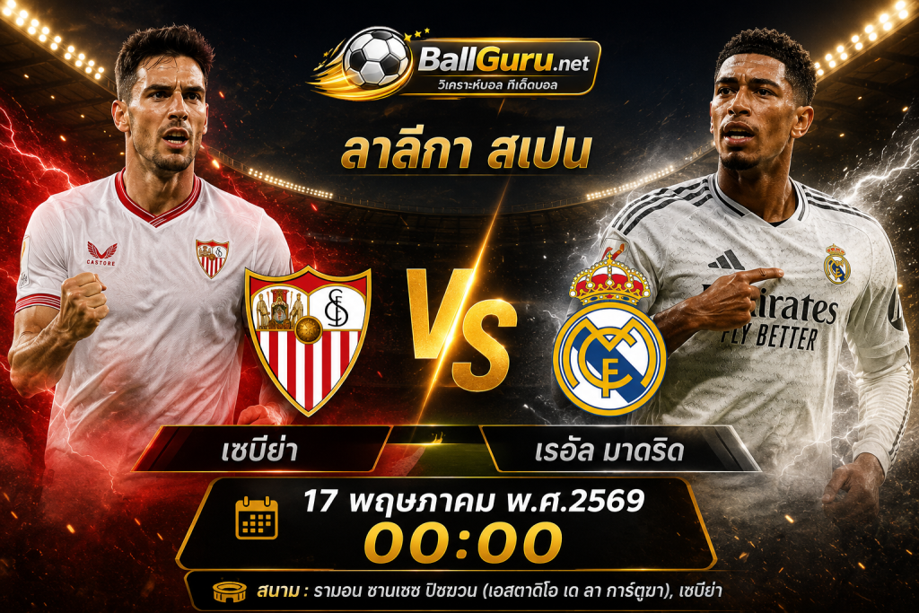 เซบีย่า ปะทะ เรอัล มาดริด ศึกลา ลีกา สเปน คืนเดือด 17 พฤษภาคม 2569 วิเคราะห์บอลวันนี้ก่อนเกม 00:00 น.
