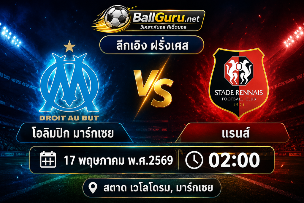 ศึกเดือดลีกเอิง! โอลิมปิก มาร์กเซย เปิดรังดวล แรนส์ คืนวันที่ 17 พฤษภาคม 2569 เวลา 02:00 น.