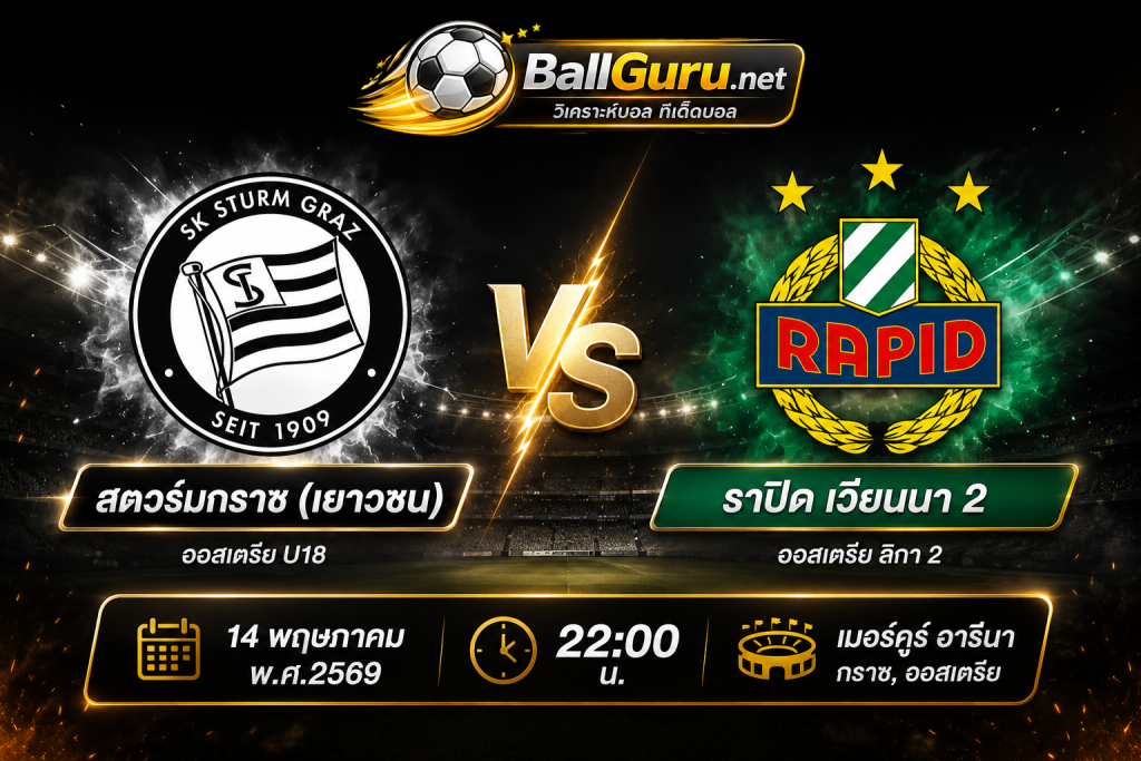 ฟันธงบอลคืนนี้ สตวร์มกราซ(เยาวชน) ปะทะ ราปิด เวียนนา 2 วิเคราะห์บอลวันนี้แม่นๆ