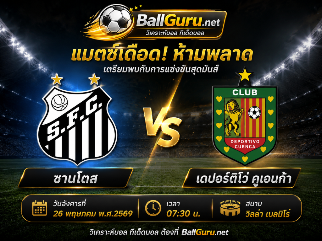 บอลคืนนี้ห้ามพลาด ซานโตส ดวล เดปอร์ติโว่ คูเอนก้า วิเคราะห์บอลวันนี้ล่าสุด