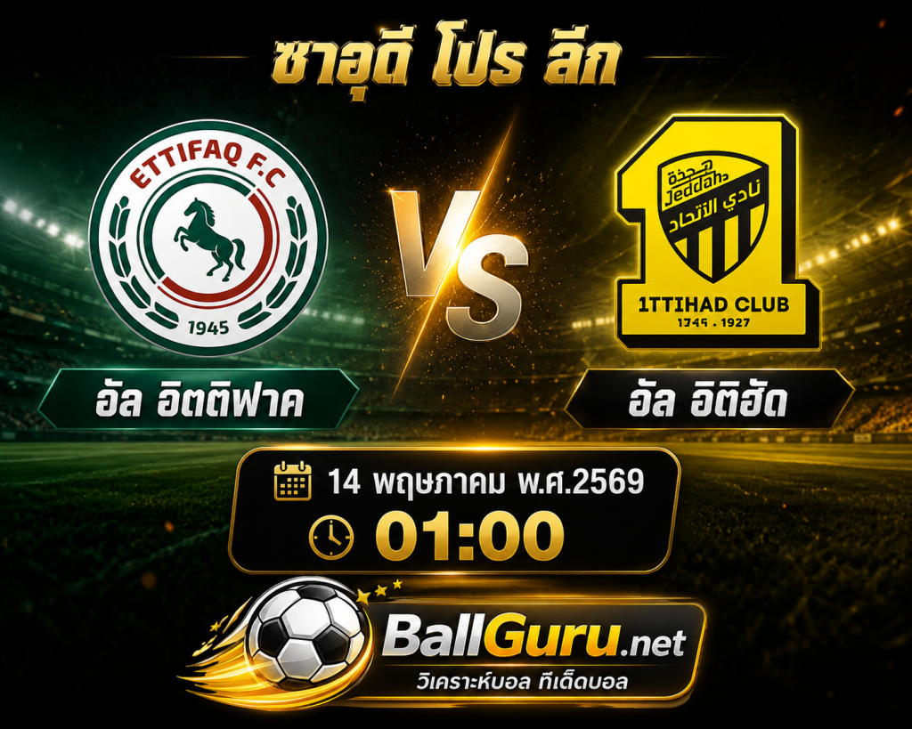 บอลวันนี้ อัล อิตติฟาค vs อัล อิติฮัด พร้อมสถิติและแนวโน้มเกม 14 พฤษภาคม 2569