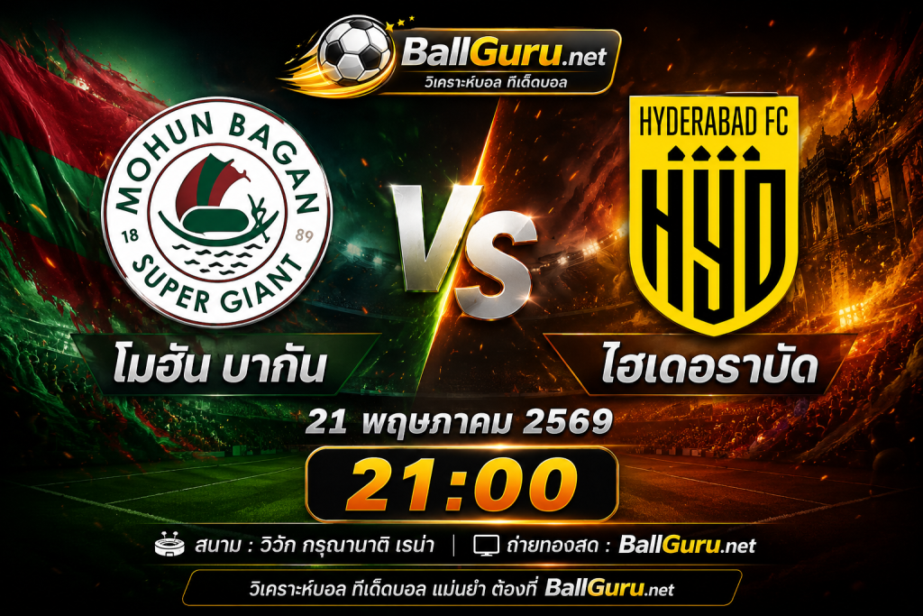 ⚽ โมฮัน บากัน ปะทะ ไฮเดอราบัด คืนนี้ 21:00 วิเคราะห์บอลวันนี้ พร้อมฟันธงเกมเดือด