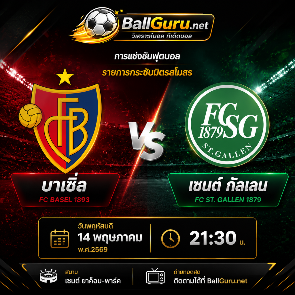 🔥 วิเคราะห์บอลเด็ด! บาเซิ่ล ปะทะ เซนต์ กัลเลน ศึกเดือดสวิส ซูเปอร์ลีก 14 พฤษภาคม 2569 เวลา 21:30 น.