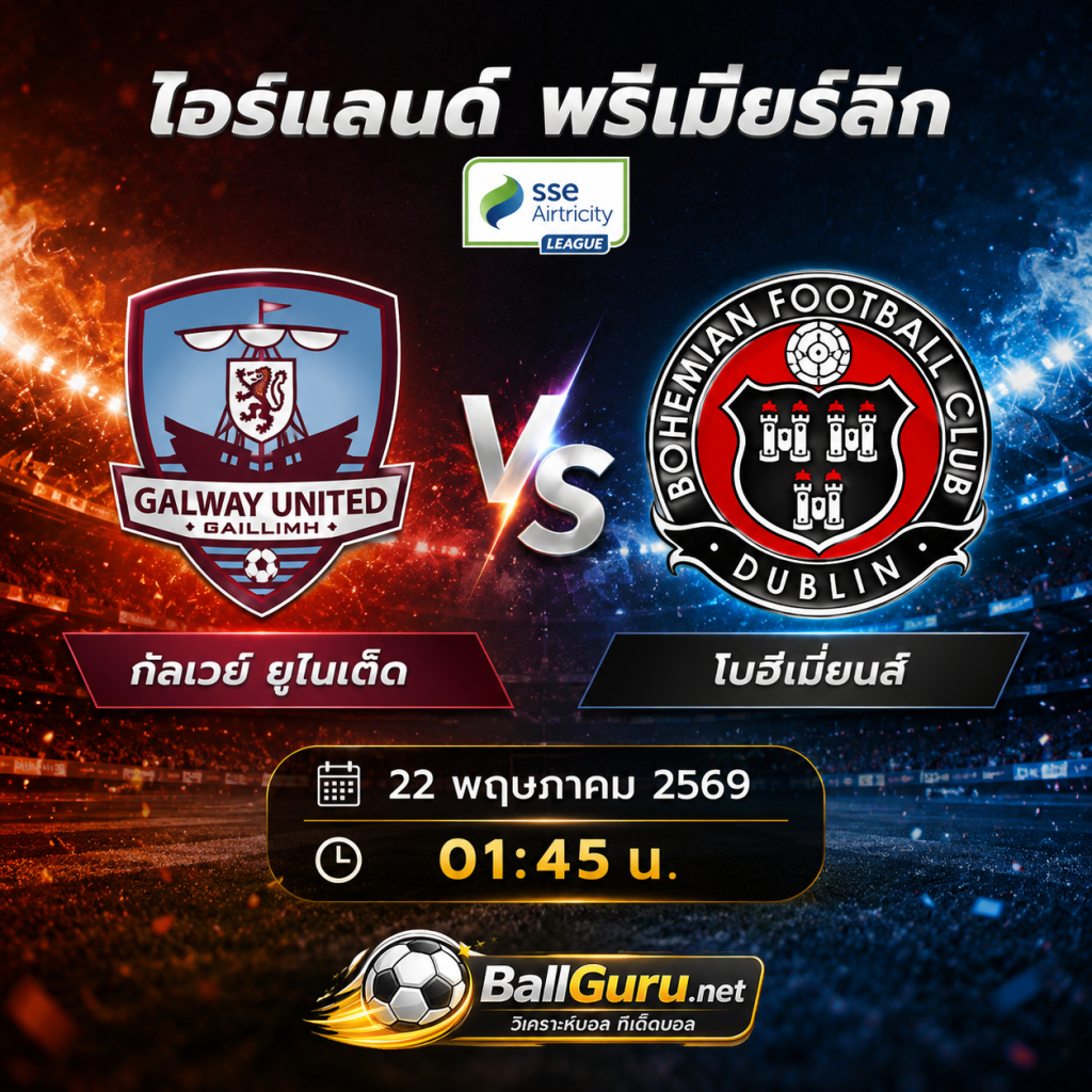 ทีเด็ดบอลวันนี้ กัลเวย์ ยูไนเต็ด ดวล โบฮีเมี่ยนส์ คืนวันที่ 22 พ.ค. 2569