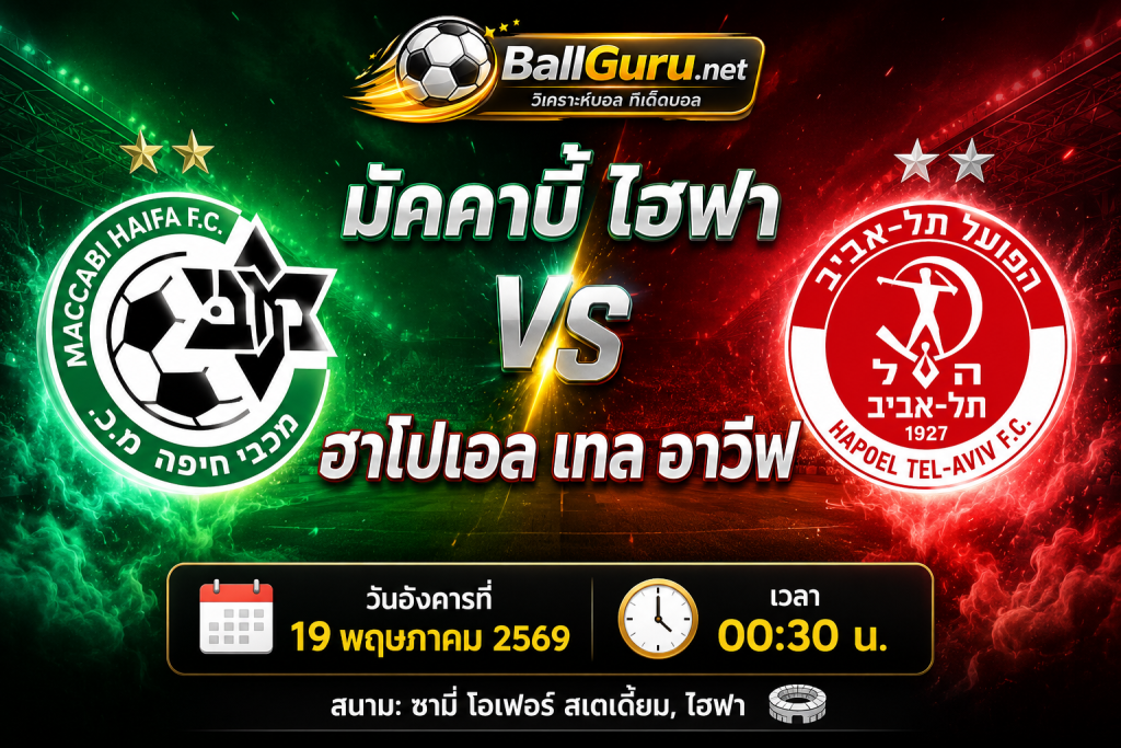 ทีเด็ดบอลวันนี้ มัคคาบี้ ไฮฟา vs ฮาโปเอล เทล อาวีฟ คืนวันที่ 19 พฤษภาคม 2569