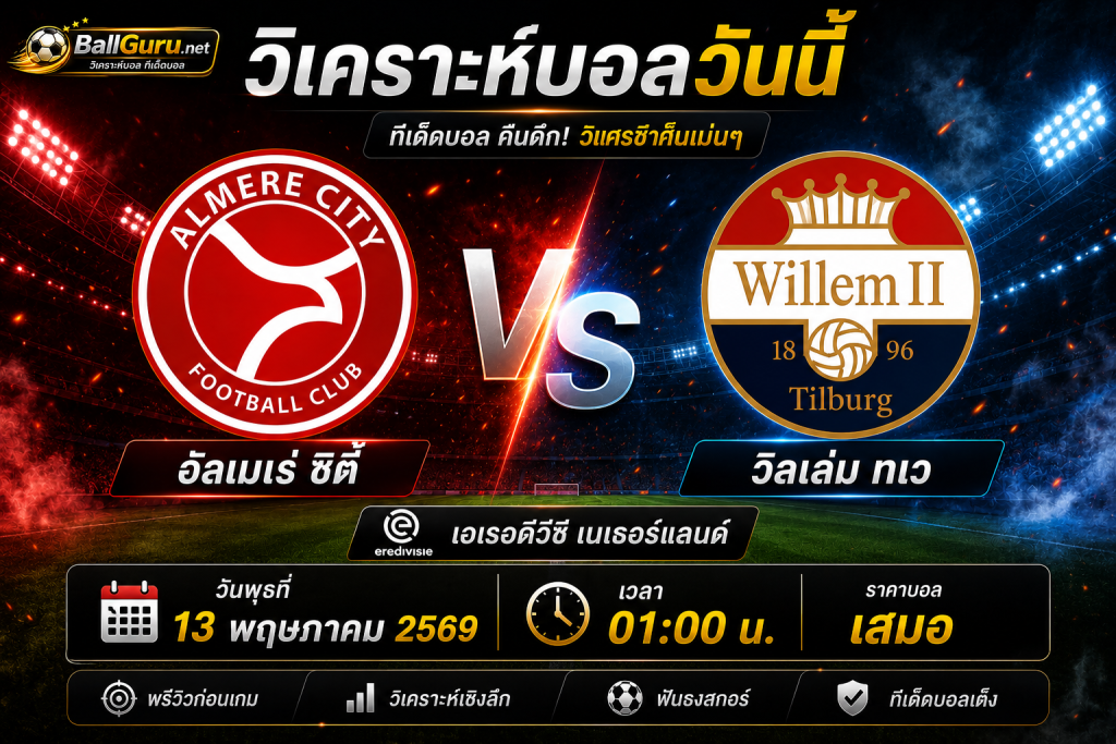 วิเคราะห์บอลวันนี้ อัลเมเร่ ซิตี้ VS วิลเล่ม ทเว 13 พฤษภาคม 2569 ทีเด็ดบอลคืนดึก วิเคราะห์บอลวันนี้แม่นๆ