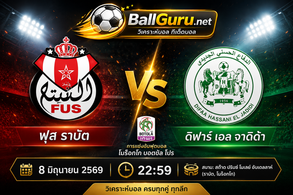 ฟอร์มเดือดก่อนแข่ง! ฟุส ราบัต พบ ดิฟาร์ เอล จาดิด้า วิเคราะห์บอลวันนี้ 8/6/69
