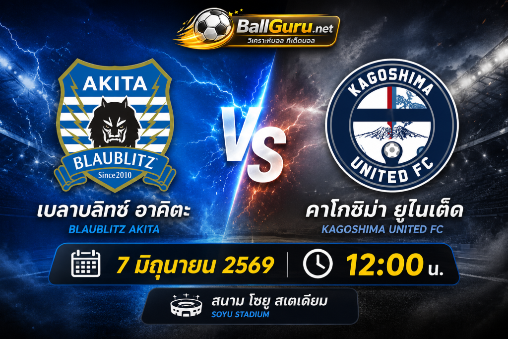 ทรรศนะบอลวันนี้ เบลาบลิทซ์ อาคิตะ vs คาโกชิม่า ยูไนเต็ด 7 มิถุนายน 2569 พร้อมทีเด็ดบอลเต็ง