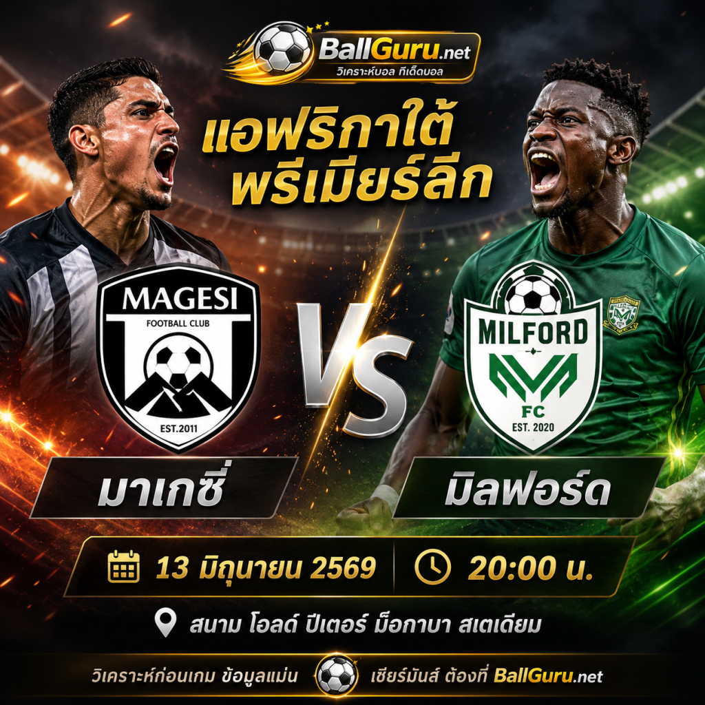 ฟันธงบอลวันนี้ มาเกซี่ vs มิลฟอร์ด ศึกพรีเมียร์ลีกแอฟริกาใต้ 13 มิถุนายน 2569
