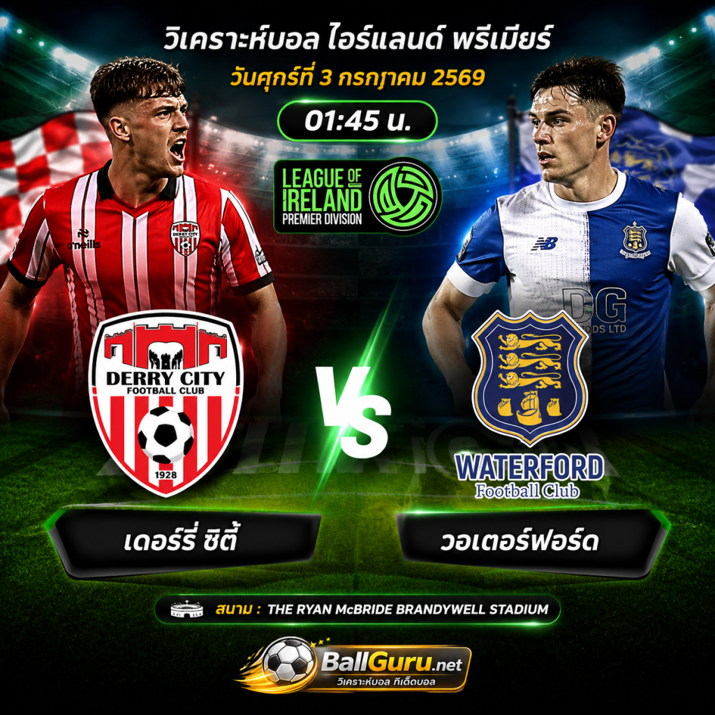 เดอร์รี่ ซิตี้ พบ วอเตอร์ฟอร์ด วิเคราะห์บอลวันนี้ พร้อมทรรศนะก่อนเกม 3 ก.ค. 69
